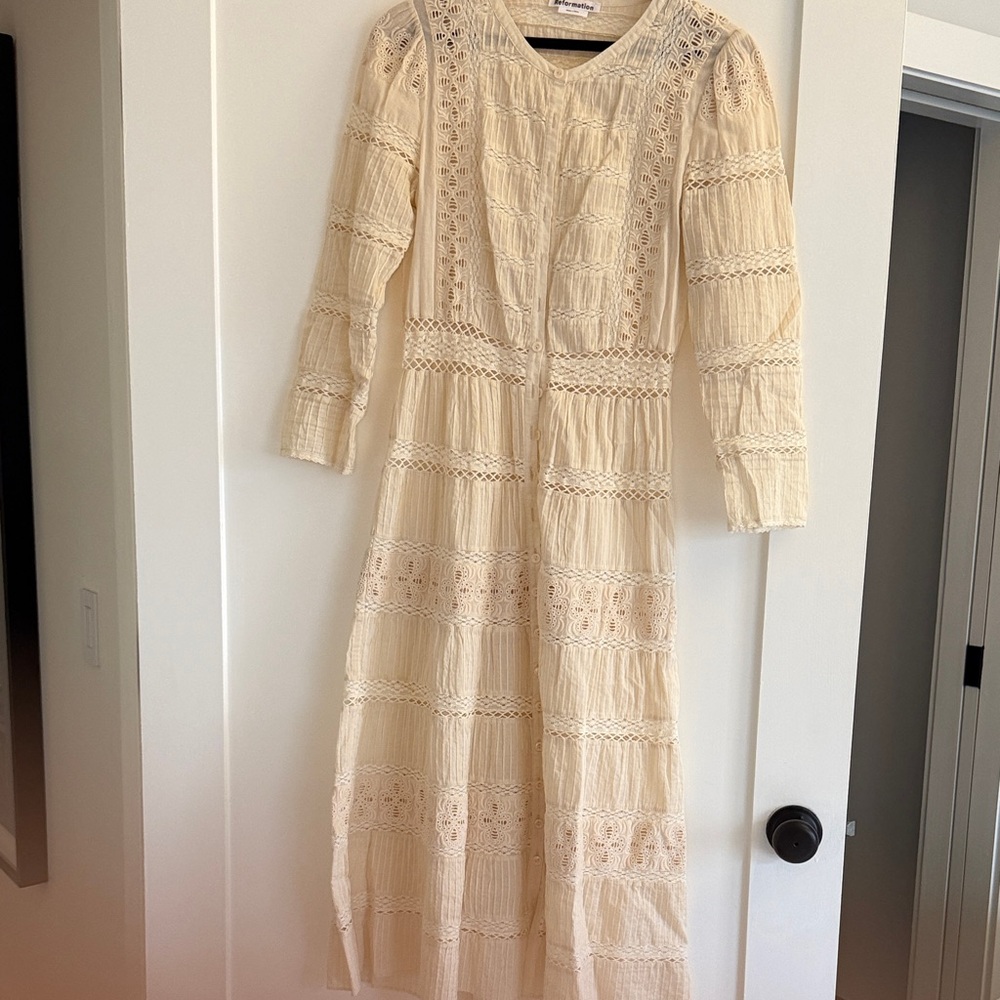 Reformation Cream Lace Midi Dress with Long Sleeves